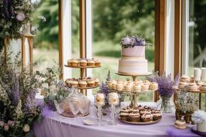 bruiloft taart met lavendel bloemen decor, partij viering en vakantie toetje in een platteland tuin, evenement voedsel horeca, land huisje stijl, generatief ai foto