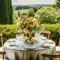 vakantie tafellandschap, formeel avondeten tafel instelling, pioen bloemen tafel scape met pioenen decoratie voor bruiloft partij en evenement viering, generatief ai foto
