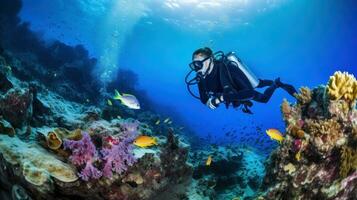 scuba duiker met koraal rif foto