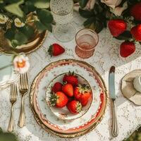 land tafellandschap, formeel avondeten tafel instelling, tafel scape met aardbei decoratie voor bruiloft partij en vakantie evenement viering, generatief ai foto