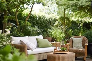 tuin salon, buitenshuis meubilair en platteland huis patio decor met sofa en tafel, land huisje stijl landschap ontwerp, generatief ai foto