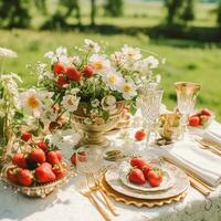 land tafellandschap, formeel avondeten tafel instelling, tafel scape met aardbei decoratie voor bruiloft partij en vakantie evenement viering, generatief ai foto