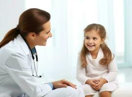 een verpleegster is op zoek Bij een ouder kind met een stethoscoop foto