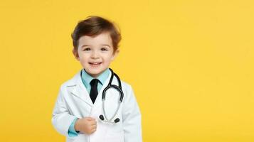 schattig kind in dokter jas met stethoscoop Aan kleur achtergrond foto