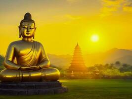 gouden Boeddha standbeeld in buitenshuis plaats zonsondergang achtergrond. generatief ai foto