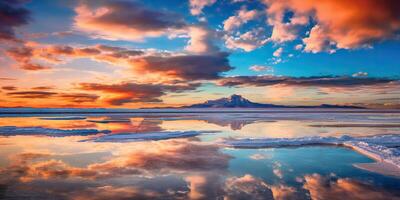 ai gegenereerd. ai generatief. Bolivia zout meer. roze wolken reflecteren Aan water meer oppervlak. avontuur reizen vakantie buitenshuis natuur uitstraling. grafisch kunst foto