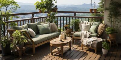 ai gegenereerd. ai generatief. knus familie huis hotel appartement terras balkon met zitten stoelen houten tafel en veel planten. vakantie kom tot rust uitstraling. grafisch kunst foto