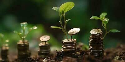 ai gegenereerd. ai generatief. groeit financiën geld voorraad investeren munten pot met groen fabriek. grafisch kunst foto