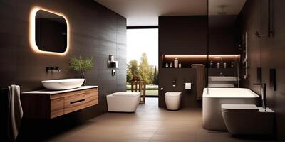 ai gegenereerd. ai generatief. huis kamer badkamer spa toilet binnen- architextuur ontwerp met bad spiegel keramisch en minimaal luxe stijl uitstraling. grafisch kunst foto