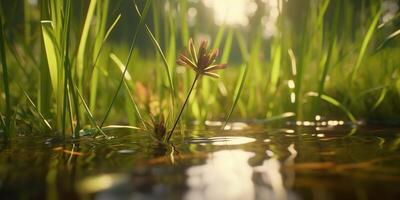 ai gegenereerd. ai generatief. foto illustratie van vijver zegge Bij meer zee rivier- water. fabriek flora bloesem. grafisch kunst