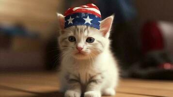 een klein katje zit in een hoed de kleur van de Amerikaans vlag. concept ansichtkaart met een kat voor Verenigde Staten van Amerika onafhankelijkheid dag. ai gegenereerd foto