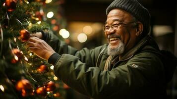 gelukkig senior volwassen Aziatisch Mens decoreren de Kerstmis boom - generatief ai. foto