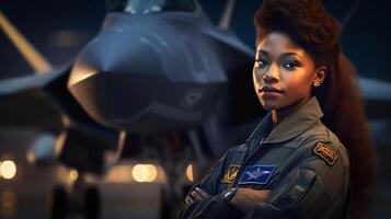 trots Afrikaanse Amerikaans vrouw lucht dwingen vechter piloot staand in voorkant van haar f35 - generatief ai. foto