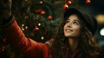 gelukkig jong volwassen vrouw decoreren de Kerstmis boom - generatief ai. foto