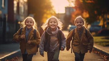 gelukkig lachend multi-etnisch kinderen Aan hun manier naar school- - generatief ai. foto