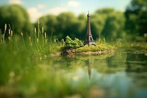 een charmant miniatuur eiffel toren geplaatst Aan een eiland in een lichaam van water, geven de indruk van een klein model- replica van de beroemd monument. foto