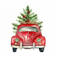 schattig Kerstmis waterverf rood retro auto met Kerstmis boom leugens Aan het geïsoleerd foto