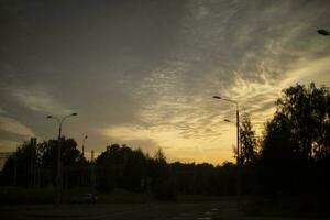 zonsondergang in stad. lucht in avond. silhouet van bomen. foto