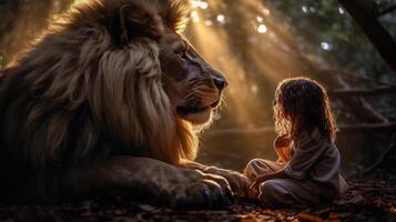 profiel van een onverschrokken jong vrouw kind zittend en pratend naar een heel groot leeuw - generatief ai. foto