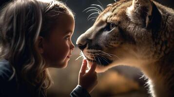 profiel van een onverschrokken jong vrouw kind voorzichtig aanraken de gezicht van een heel groot leeuw - generatief ai. foto