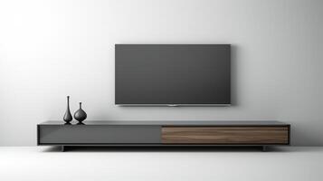 modern TV staan met houten en zwart accenten ai generatief foto