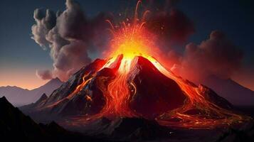 een illustratie van een vulkaan uitbarsting met lava en rook ai generatief foto