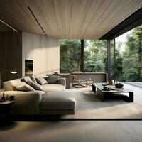 een modern leven kamer met houten muren en vloeren ai generatief foto