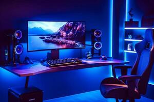 gaming pc kamer met LED lichten in verschillend kleuren. ai gegenereerd illustratie. foto