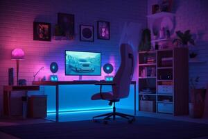 gaming pc kamer met LED lichten in verschillend kleuren. ai gegenereerd illustratie. foto