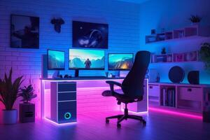 gaming pc kamer met LED lichten in verschillend kleuren. ai gegenereerd illustratie. foto