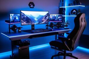 gaming pc kamer met LED lichten in verschillend kleuren. ai gegenereerd illustratie. foto