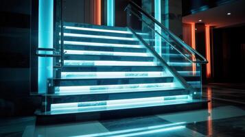 trap met LED verlichting in een modern interieur. ai gegenereerd. foto