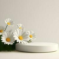 3d renderen mockup wit podium met madeliefje bloem. ai generatief illustratie. foto