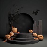 halloween achtergrond met pompoenen Aan podium. 3d veroorzaken. ai generatief illustratie. podium voor Product schieten. foto