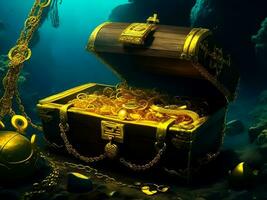 oud schat borst is diep onder de zee. antiek borst van goud, ring, goud ketting.generatief ai. foto