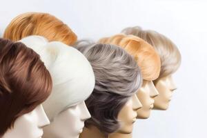 dichtbij omhoog haar- pruik over- de plastic mannequin hoofd geïsoleerd over- de wit achtergrond, mockup met hedendaags mannen kapsels, selecteer focus, generatief ai illustratie foto