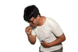 ziek Aziatisch Mens vervelend overhemd is griep en hoesten. ziekte, influenza, pijn concept. gezondheidszorg en corona concepten. foto