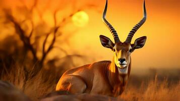 foto van antilope topi Aan savanne Bij zonsondergang. generatief ai