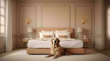 gouden retriever hond aan het liegen Aan bed in hotel met hedendaags interieur ontwerp. generatief ai foto