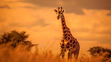 foto van giraffe Aan savanne Bij zonsondergang. generatief ai