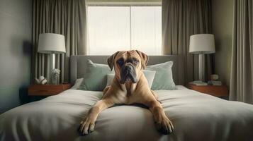 bulldog hond aan het liegen Aan bed in hotel met hedendaags interieur ontwerp. generatief ai foto