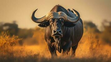 foto van Afrikaanse buffel Aan savanne Bij zonsondergang. generatief ai
