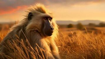 foto van baviaan Aan savanne Bij zonsondergang. generatief ai