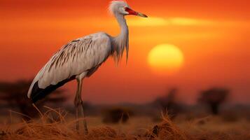 foto van secretaris vogel Aan savanne Bij zonsondergang. generatief ai