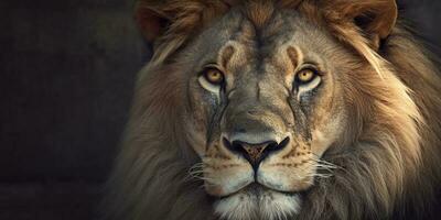 dichtbij omhoog van een Afrikaanse leeuw. generatief ai foto