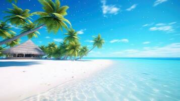 illustratie afbeelding, strand tafereel met kristalhelder turkoois wateren, poederachtig wit zand, palm bladeren, sprankelend golven en blauw zonnig lucht, met kopiëren ruimte, generatief ai illustratie foto