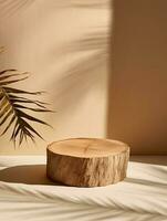 minimaal natuurlijk hout podium met groen palm blad met zonlicht achtergrond. minimaal houten staan voor branding en verpakking presentatie. generatief ai foto