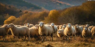 schattig gelukkig lam Aan de veld, schapen. generatief ai foto