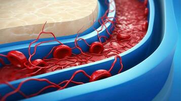 3d illustratie mockup van de menselijk orgaan systemen, bloedsomloop, spijsvertering, rood en wit bloedcellen met wazig achtergrond. medisch onderwijs concept, generatief ai illustratie foto