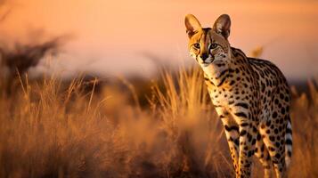 foto van serval Aan savanne Bij zonsondergang. generatief ai